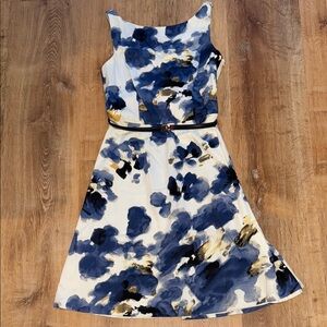 Ann Taylor Floral Blue and White Belted Dress